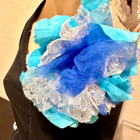 Super Fun Blue Hues Silk Lace and Tulle Flower Brooch - Picture 2 of 6